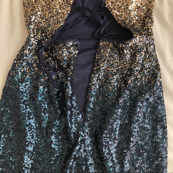 COCKTAIL STRAPPY BACKLESS NAVY TO GOLD OMBRE SEQUIN MINI DRESS - Picture 8 of 11